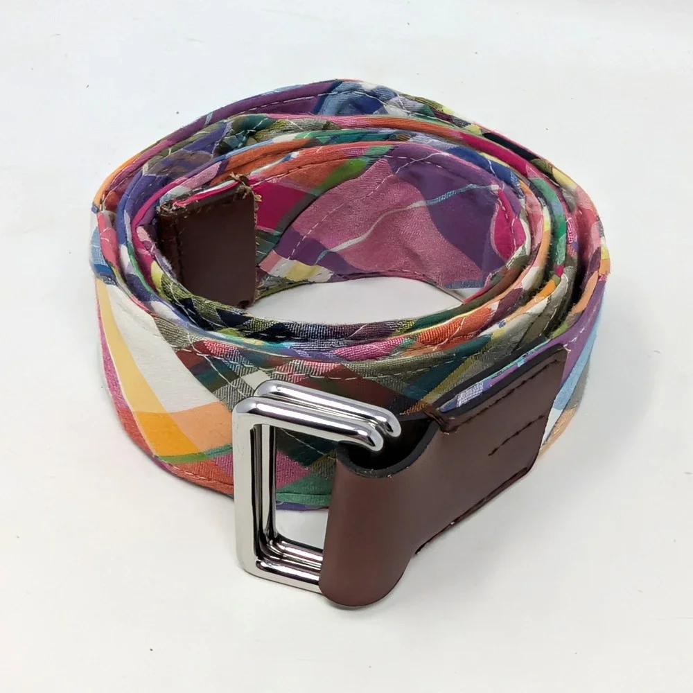 Brooks Brothers Madras Plaid D-Ring Belt Mens Medium Multi Color Leather Trim